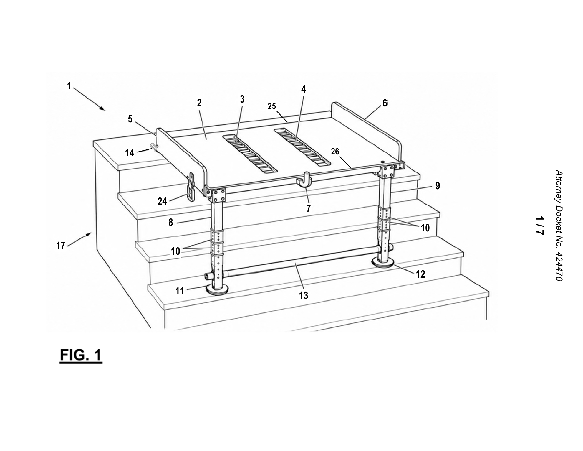 Patent drawing showing the StairX platform deployed across a staircase