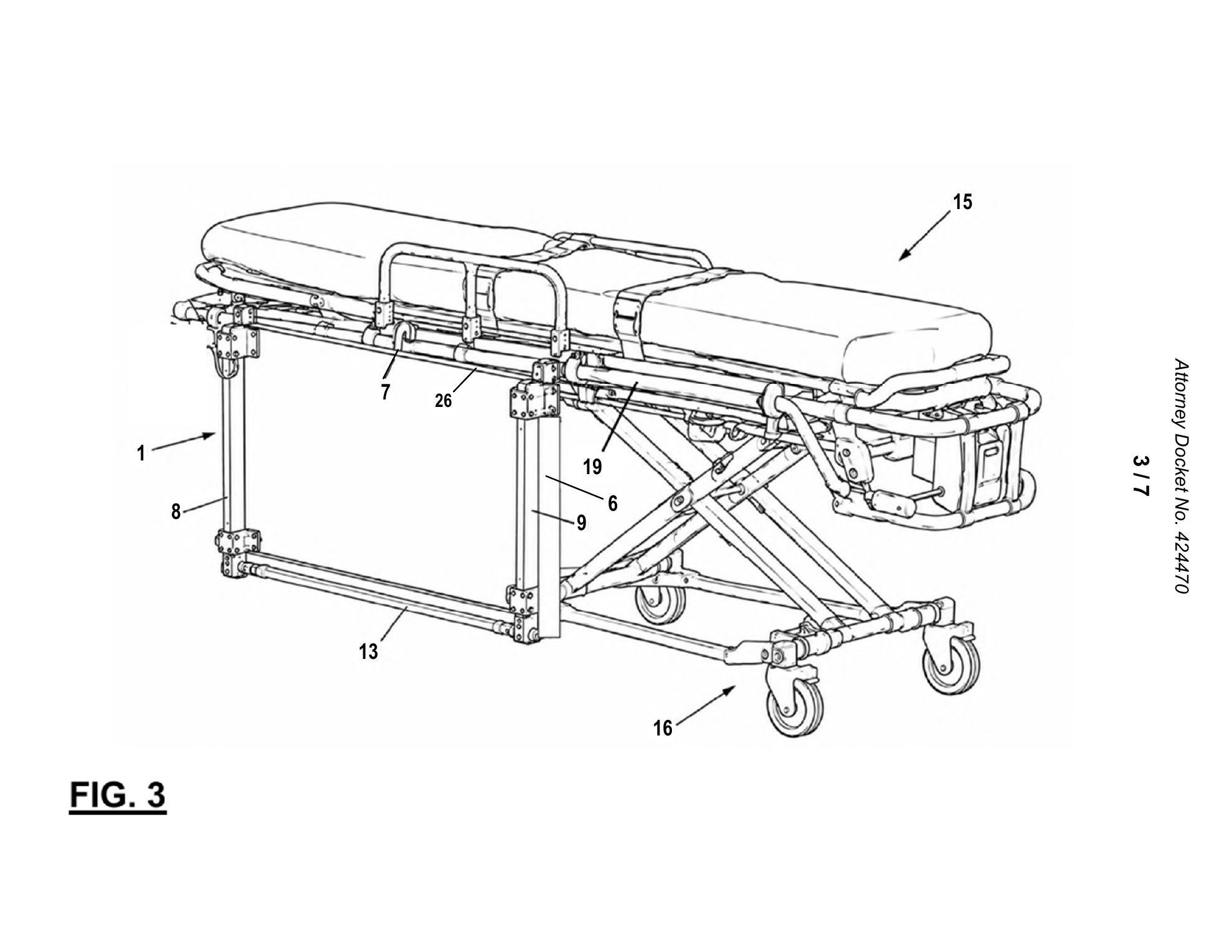 Patent drawing showing a medical stretcher aligned with the StairX platform