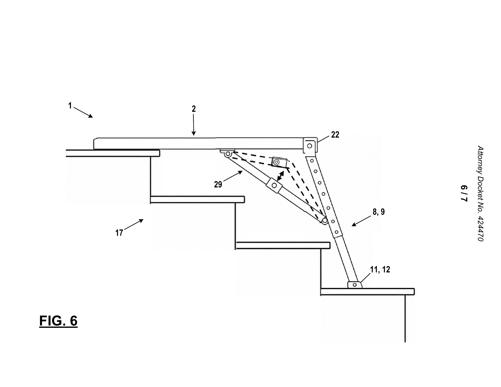 Patent drawing showing the StairX stair-support mechanism from the side